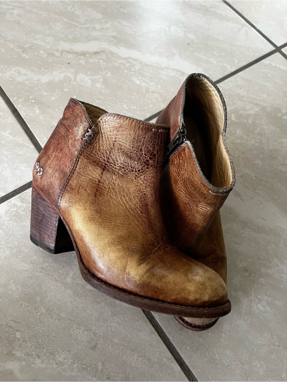 Bed Stu Distressed Two-Tone Brown Leather Ankle Booties